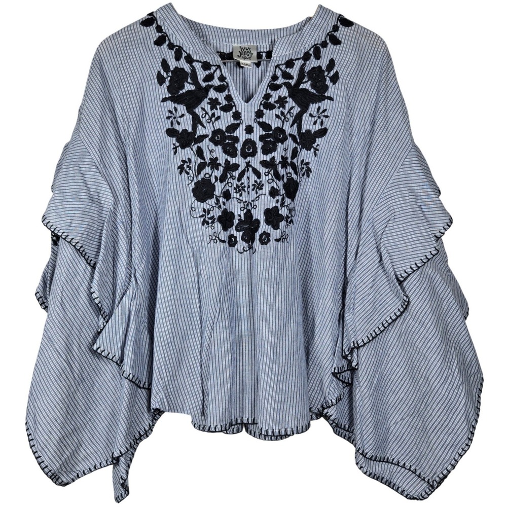 Ivy Jane Blue White Striped Embroidered Ruffle Poncho Top M/L 641100